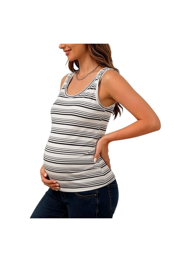 Summer Maternity Shirts Striped Ribbed Maternity Tank Sleeveless Casual Slim Fitted Pregnancy Tank Tops for Women