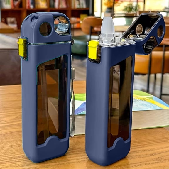 Naittoop Summer Rectangular Water Bottle,Plastic Sports Water Bottle with Strap, Leakproof Free Large Water Bottles for School, Gym, Travel, Outdoor Blue