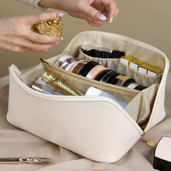Naittoop Travel Makeup Bag, Large Capacity Cosmetic Bag for Women, Waterproof PU Leather, Flat Open Portable Toiletry Bag for Skincare, Brushes Travel Essentials 9*5*4.5 in White