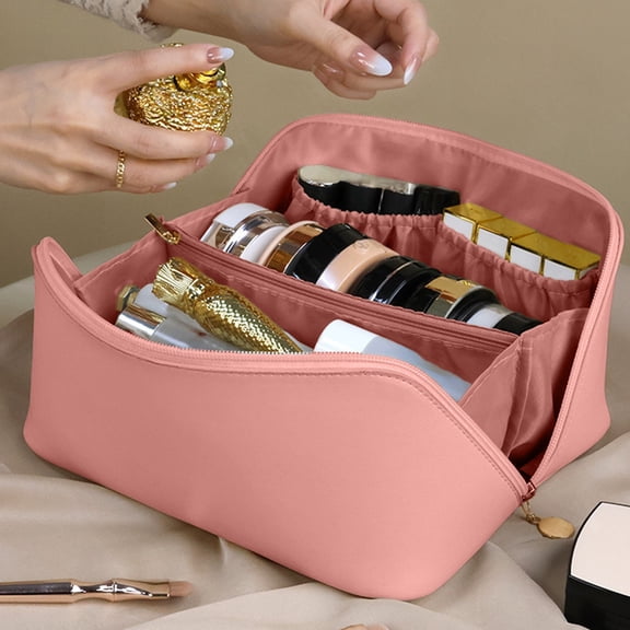 Naittoop Travel Makeup Bag, Large Capacity Cosmetic Bag for Women, Waterproof PU Leather, Flat Open Portable Toiletry Bag for Skincare, Brushes Travel Essentials 9*5*4.5 in Pink