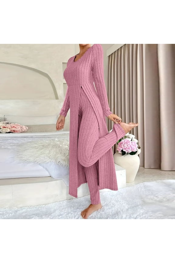 Two Piece Knit Sets Women Fall Trendy Casual Long Sleeve Round Neck Soft Ribbed Knit Slit Top and Pants Loungewear Set
