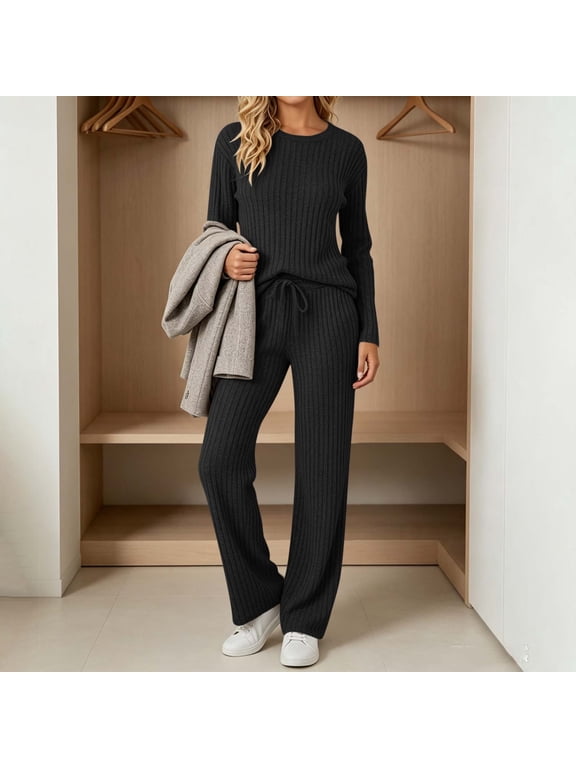 Two Piece Lounge Set Women Ribbed Knit Travel Outfit Wrinkle-Resistant Relaxed Fit