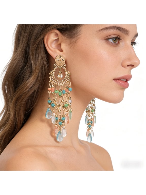 Vintage Beaded Long Tassel Statement Drop Dangle Earrings for Women Dainty Handmade Bohemian Beaded Fringe Chandelier Big Large Dangling Hanging Earring Lightweight Jewelry Gifts