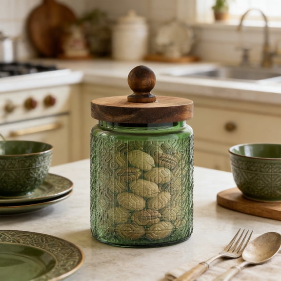 Naittoop Vintage Glass Jar with Airtight Wooden Lid 23.67oz Colored Glass Canister for Farmhouse Kitchen Decoration – Ideal for Cookies Tea Sugar Candy or Sugar Packet Storage Green