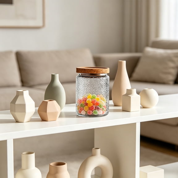 Naittoop Vintage Glass Jar with Wooden Lid 23.67oz Farmhouse Clear Glass Canisters Jars with Airtight for Farmhouses Kitchen Home Decorative for Cookies Tea Sugar Candy Jars Sugar Packet 5.3in D