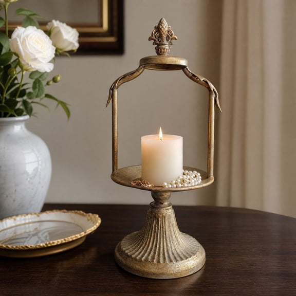 Naittoop Vintage Gold Iron Candle Holder, 14IN Decorative Tabletop Candle Stand with Tray, Elegant Metal Lantern Style Ornament for Mantel, Dining Table & Holiday Display