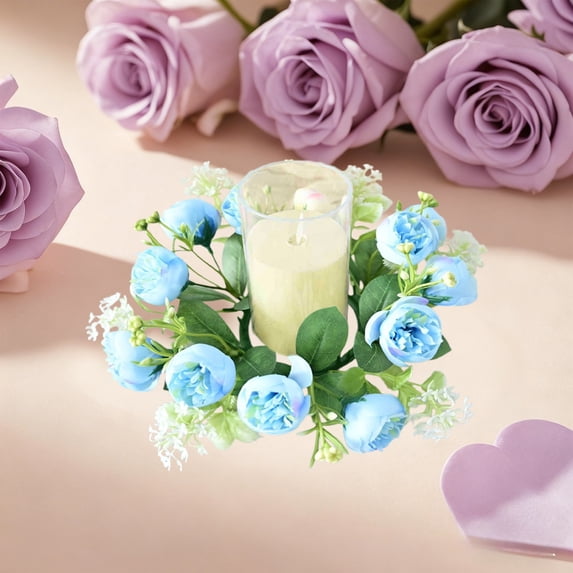 Naittoop Wedding Rose Candle Rings Swag Wreath Artificial Floral Wreaths with Lamb Leaf Flower Candle Rings Candleholders Garland for Pillar Centerpiece Party Table Wall Window Farmhouse Decor Blue
