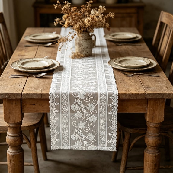 Naittoop White Lace Table Runner – 11.8x70.87in Rustic Boho Cloth Vintage Embroidered Lace Tablecloth for Wedding Bridal Shower Baby Shower Party Kitchen Farmhouse Decor