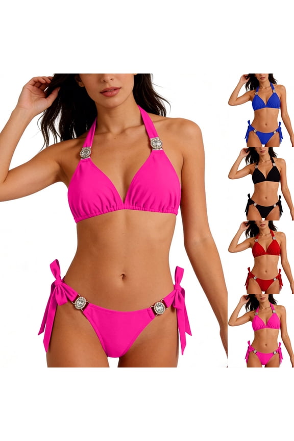 Women Bikini Sets String Halter Two Piece Sexy Swimsuit Solid Color Bathing Suit