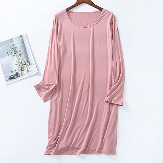 Naittoop Women Long Sleeve Soft Sleepshirts Crewneck Comfort Nightdress Mid Length Sleepwear Solid Cozy Nightgowns