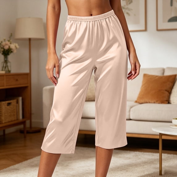 Naittoop Women Lounge Capri Pants Satin Sleep Pants 3/4 Length Wide Leg Pajama Capris Elastic Waist PJ Cropped Trousers