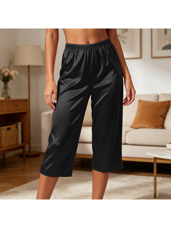 Women Lounge Capri Pants Satin Sleep Pants 3/4 Length Wide Leg Pajama Capris Elastic Waist PJ Cropped Trousers