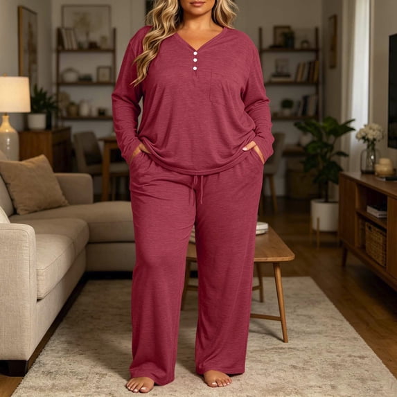 Naittoop Women Pajama Set Plus Size Long Sleeve 2 Piece Pj Sets Soft Long Sleeve V Neck Tops Wide Leg Pants with Pockets