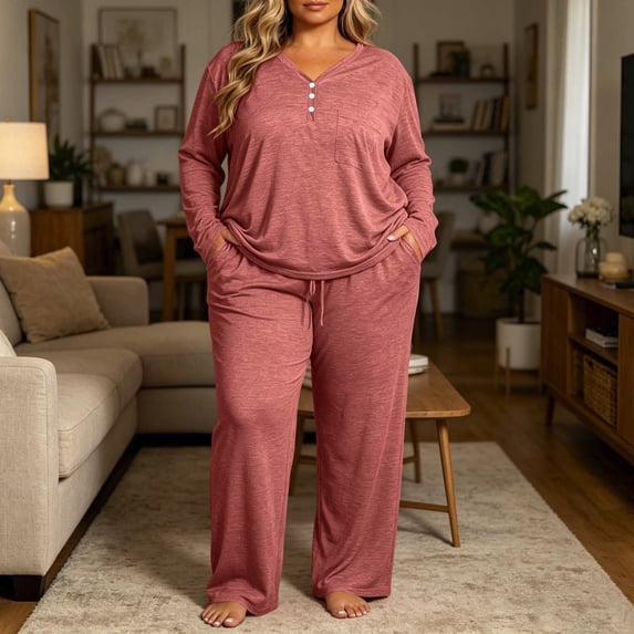 Naittoop Women Pajama Set Plus Size Long Sleeve 2 Piece Pj Sets Soft Long Sleeve V Neck Tops Wide Leg Pants with Pockets