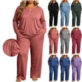 thumbnail image 1 of Naittoop Women Pajama Set Plus Size Long Sleeve 2 Piece Pj Sets Soft Long Sleeve V Neck Tops Wide Leg Pants with Pockets, 1 of 5