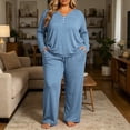 thumbnail image 1 of Naittoop Women Pajama Set Plus Size Long Sleeve 2 Piece Pj Sets Soft Long Sleeve V Neck Tops Wide Leg Pants with Pockets, 1 of 5