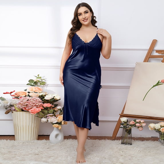 Naittoop Women Plus Size Sleep Dress Soft Satin Lace V Neck Nightdress Sleeveless Strappy Sexy Nightgowns Split Chemise