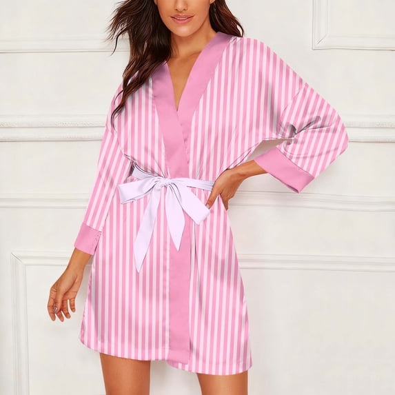Naittoop Women Satin Robe Ladies Silk Stripe Bathrobe Dressing Gown V-Neck Long Sleeve Belted Short Robes for Bride Bridesmaids