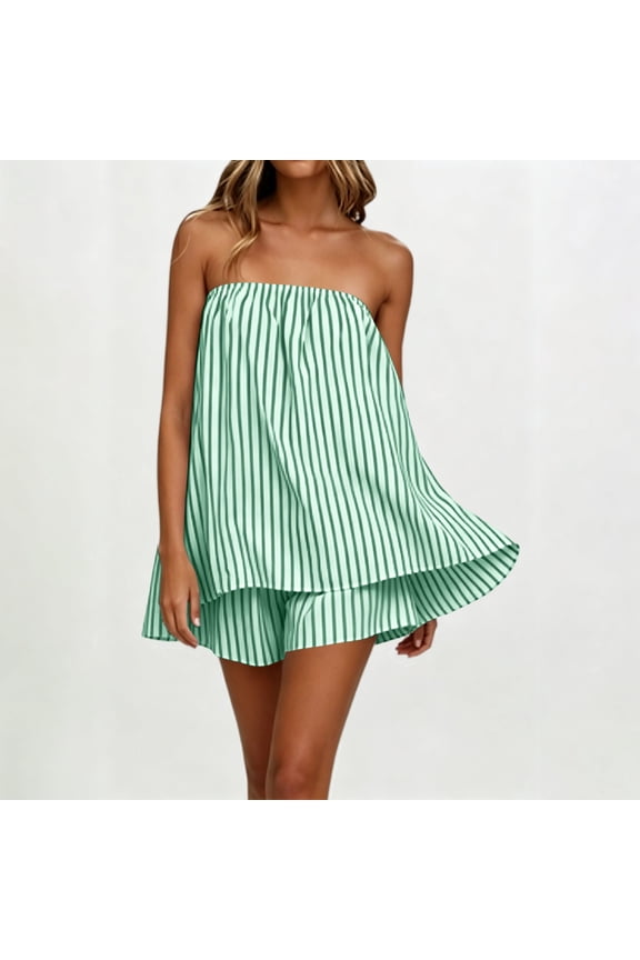 Women Striped Two Piece Shorts Set Elegant Strapless Tube Top Lounge Sets Summer Vacation Resort Travel Outfits Loungewear