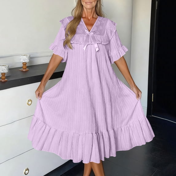 Naittoop Women Victorian Nightgowns Plus Size Short Sleeve Lace Patchwork V Neck Ruffled Sleepdress Cute Solid Loungewear