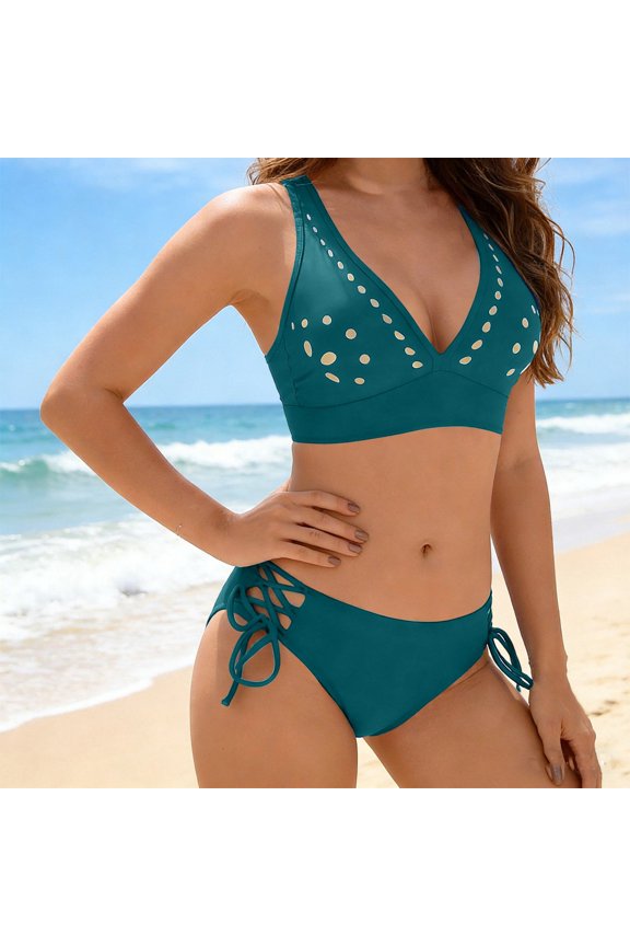 Women's Bikini Set Two Piece Swimsuit Modest Bathing Suit Petal Hollow V Neck Top String Mid Rise Bottom