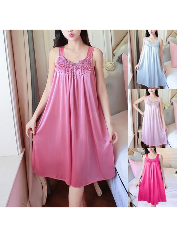 Women's Cute Satin Nightgowns Sleeveless Night Gown Soft Ladies Nightdress Vintage Flowy Long Sleeping Dress
