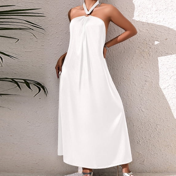 Naittoop Women's Halter Silk Satin Long Nightgown Sleeveless Loose Summer Sleepwear Lounge Dress Nightie