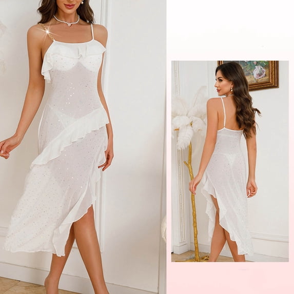 Naittoop Women's Mesh Chemise Nightgown Long Ruffle Sheer Bridal Lingerie Side Split Sexy Sleepwear Nightwear