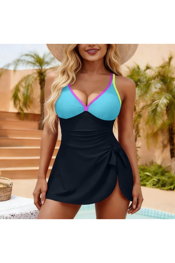 Women's One Piece Swim Dress Fashion Deep V Color Block Side Slit Belly Control Swimsuit Beach Bathing Suit