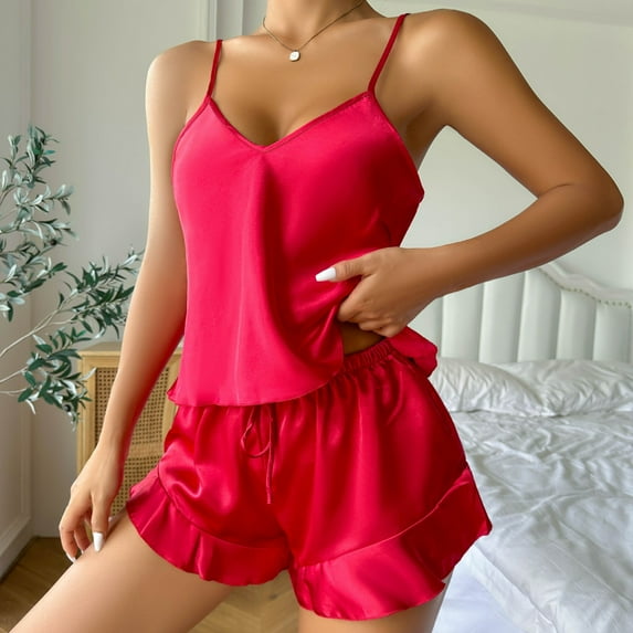Naittoop Women's Pajamas Set Silk Nightgown V-neck Suspender Shorts Two-Piece Pajamas Sexy and Fashionable Home Wear Lounge