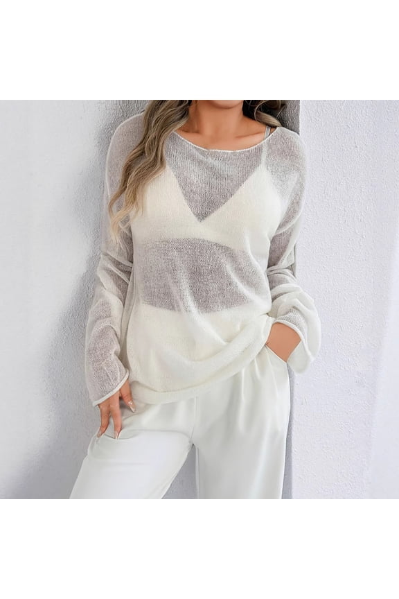Women's Sheer Gradient Long Sleeve Tops Casual See Through Mesh Blouse Lightweight Pullover Layer Shirt