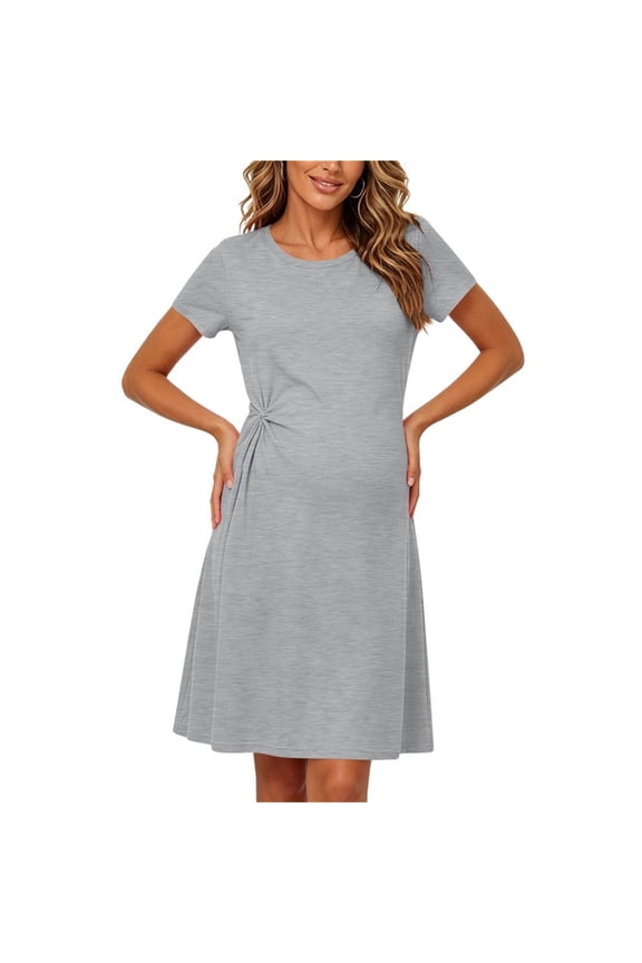 Women's Short Sleeve Maternity Dress Patchwork Pregnancy Clothes with Pockets