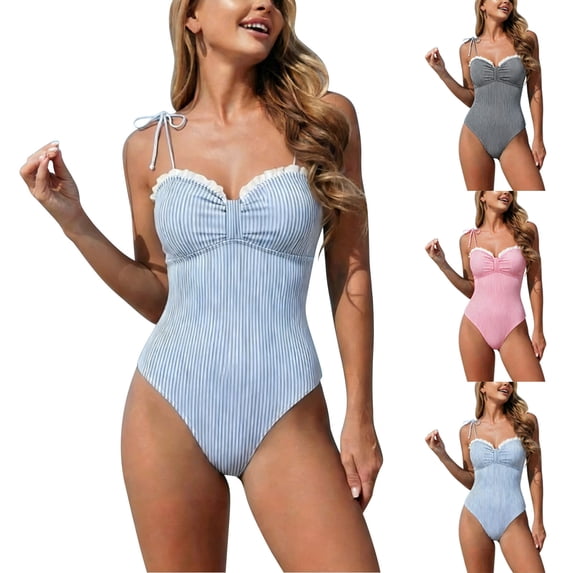 Naittoop Women's Striped One Piece Swimsuits Tie Shoulder Ruffle Trim High Cut Belly Control Bathing Suit
