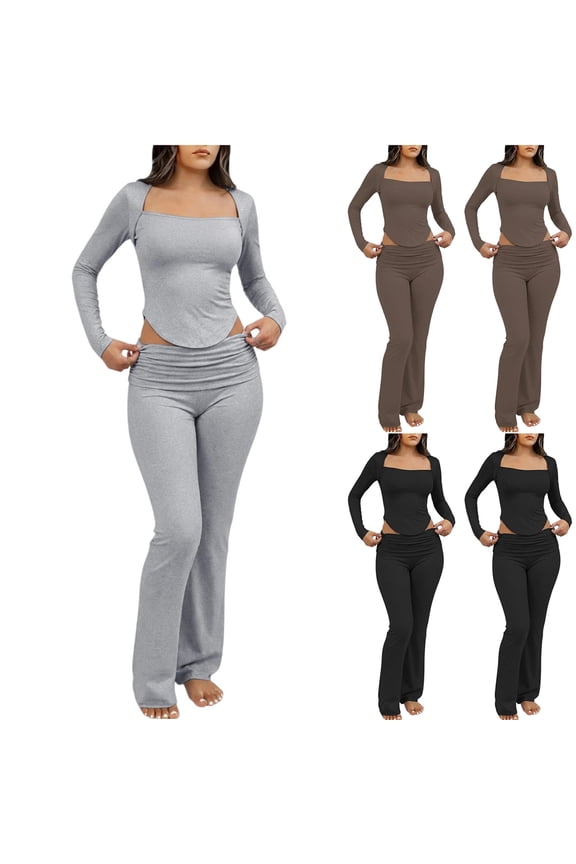 Womens 2 Piece Lounge Sets Slim Fit Square Neck Long Sleeve Top Fold Over Yoga Flare Pants Pajamas Loungewear Outfits
