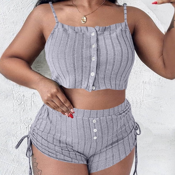 Naittoop Womens 2 Piece Set Ribbed Cami Top with Adjustable Straps and Drawstring Ruffle Shorts Cozy Casual Streetwear Daily Outfit