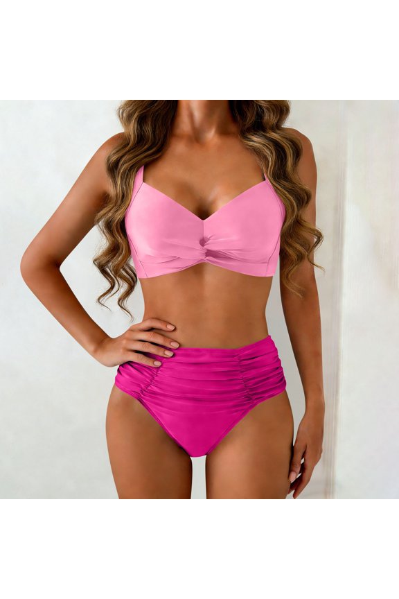 Womens 2026 Summer High Waisted Bikini Sets Twist Front Ruched Belly Control Two Piece Bathing Suit