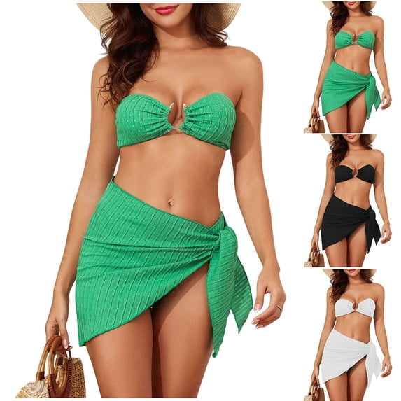 Naittoop Womens 3 Piece Bikini Sets Swimsuits Bandeau Top Thong Beach Wrap Skirt Strapless Bathing Suits Sexy Beach Swimwear