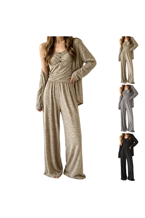 Womens 3 Piece Loungewear Set, Cozy Homewear Set with Long Sleeve Cardigan, Cami Top, and Wide Leg Pants Loungewear Set