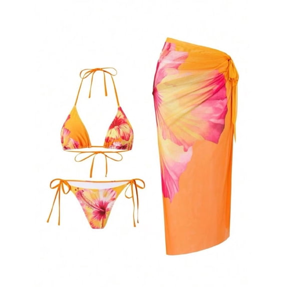 Naittoop Womens 3 Piece Swimsuit Floral Halter Triangle String Bikini Tie Side Bottom with Boho Cover Up Skirt