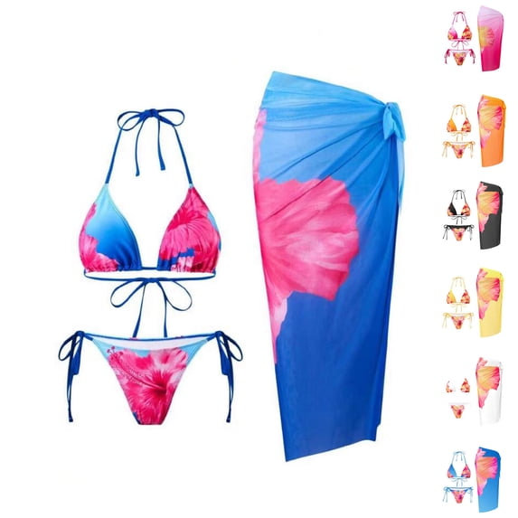 Naittoop Womens 3 Piece Swimsuit Floral Halter Triangle String Bikini Tie Side Bottom with Boho Cover Up Skirt