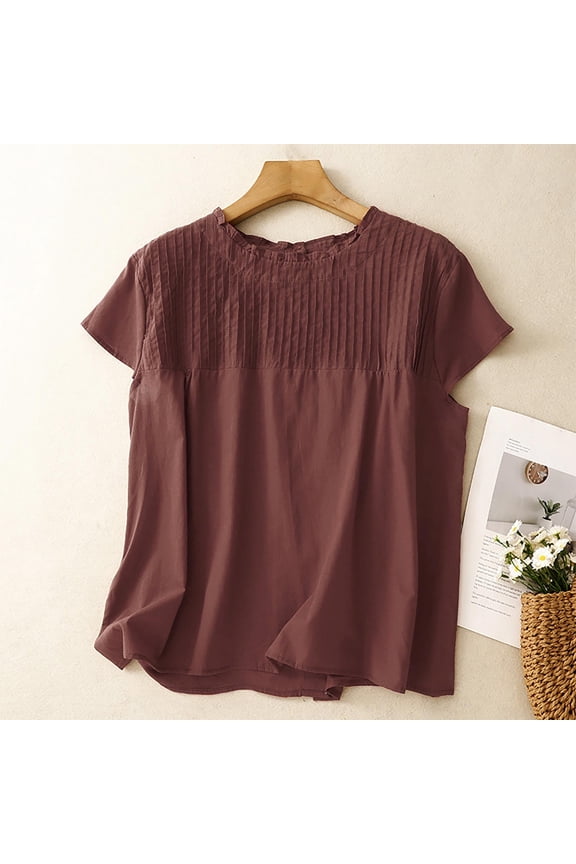 Womens Cotton Linen Tops Short Sleeve Pleated Shirts Basic Crew Neck Tee Blouses Casual Work Tunic Summer Top