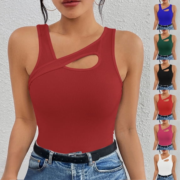 Naittoop Womens Cut Out Front Asymmetrical Neck Rib Knit Sleeveless Tank Top Slim Fitted Y2K Sexy Basic Tee Shirt