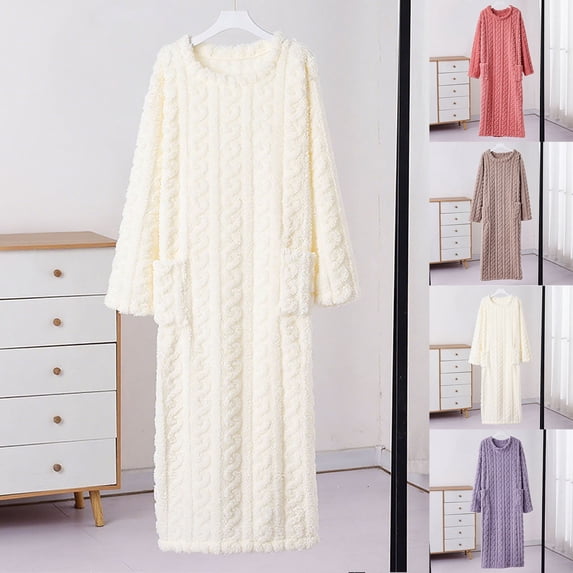 Naittoop Womens Flannel Nightgown Fuzzy Fleece Sleepdress Loose Crewneck Plush Warm Winter Pullover Nightdress with Pockets