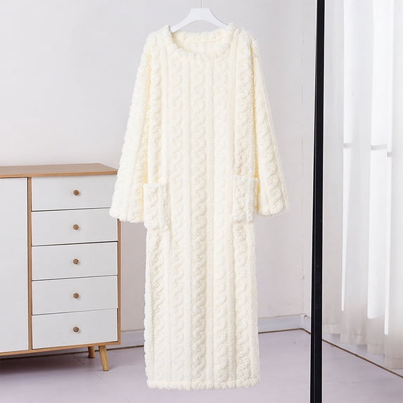Naittoop Womens Flannel Nightgown Fuzzy Fleece Sleepdress Loose Crewneck Plush Warm Winter Pullover Nightdress with Pockets