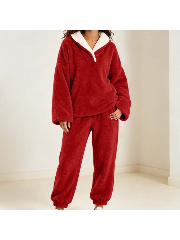 Womens Flannel Pajama Sets Fluffy Sleepwear Fuzzy 2 Piece Pjs Set Fleece Plush Lounge Set