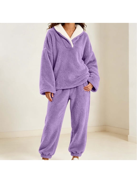 Womens Flannel Pajama Sets Fluffy Sleepwear Fuzzy 2 Piece Pjs Set Fleece Plush Lounge Set