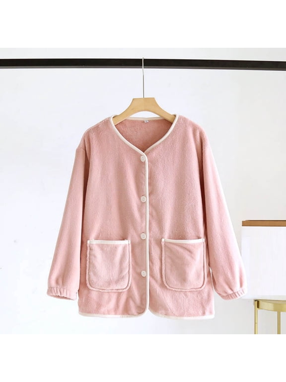 Womens Fleece Bed Jacket Stylish Long Sleeve V Neck Sleepwear Button Front Soft Loungewear Clothes with Pockets