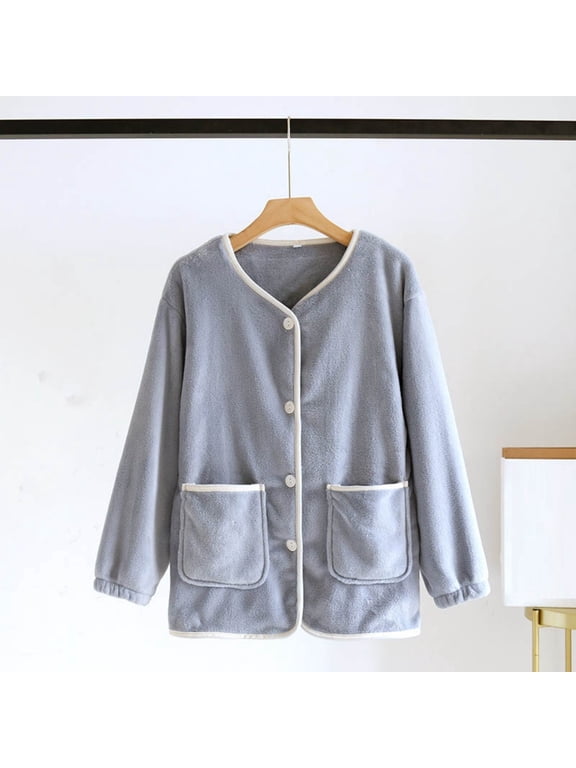 Womens Fleece Bed Jacket Stylish Long Sleeve V Neck Sleepwear Button Front Soft Loungewear Clothes with Pockets
