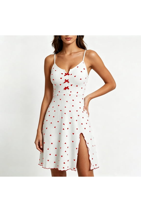 Womens Heart Print Deep V Neck Slip Dress Ribbed Loungewear with Bow Detail Summer Casual