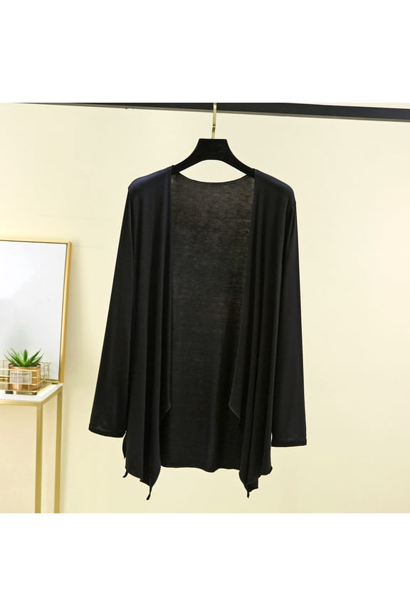 Womens Long Sleeve Solid Open Front Jersey Duster Cardigan, Mid Length Soft Flow Casual Layering Loungewear Tops